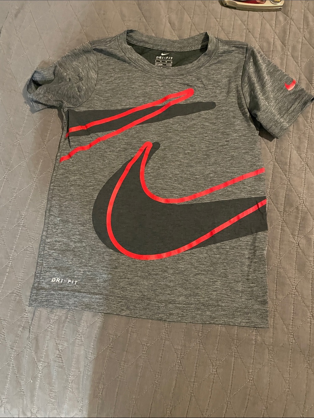 Nike Grey Short-Sleeve Dri-FIT Tee with Red Swoosh Accents 5-8 years